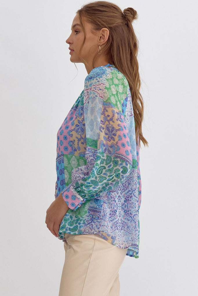 Entro Blue Patchwork Print Long Sleeve Blouse-Tops-Entro-Deja Nu Boutique, Women's Fashion Boutique in Lampasas, Texas