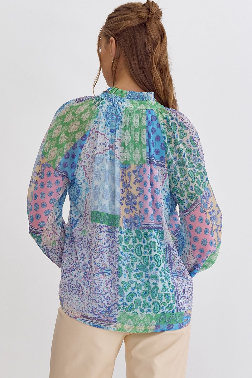 Entro Blue Patchwork Print Long Sleeve Blouse-Tops-Entro-Deja Nu Boutique, Women's Fashion Boutique in Lampasas, Texas