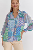 Entro Blue Patchwork Print Long Sleeve Blouse-Tops-Entro-Deja Nu Boutique, Women's Fashion Boutique in Lampasas, Texas