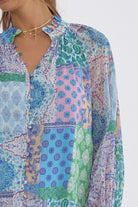 Entro Blue Patchwork Print Long Sleeve Blouse-Tops-Entro-Deja Nu Boutique, Women's Fashion Boutique in Lampasas, Texas