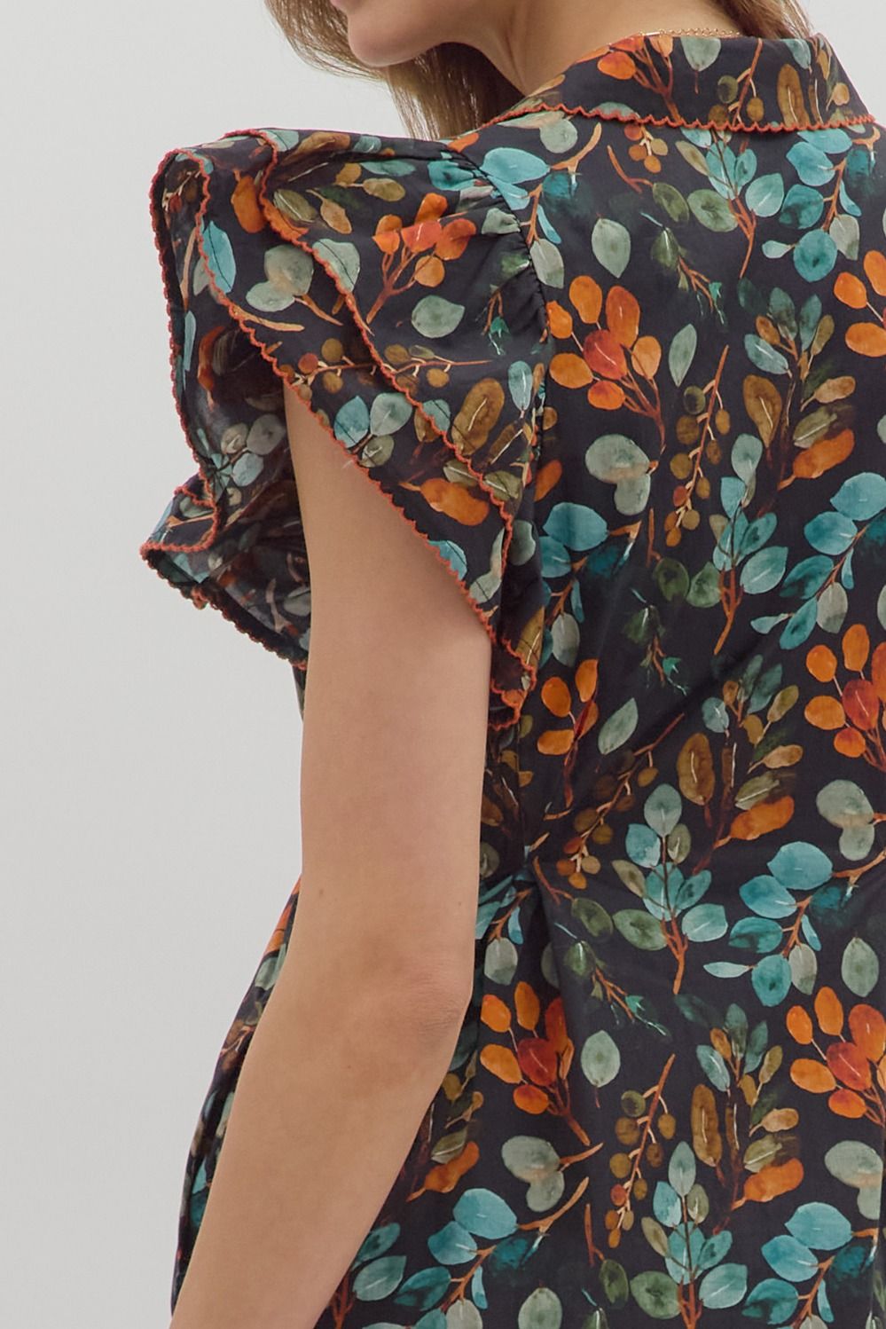 Entro Botanical Print Black Cotton Midi Dress with Flutter Sleeves & Pockets-Dresses-Entro-Deja Nu Boutique, Women's Fashion Boutique in Lampasas, Texas