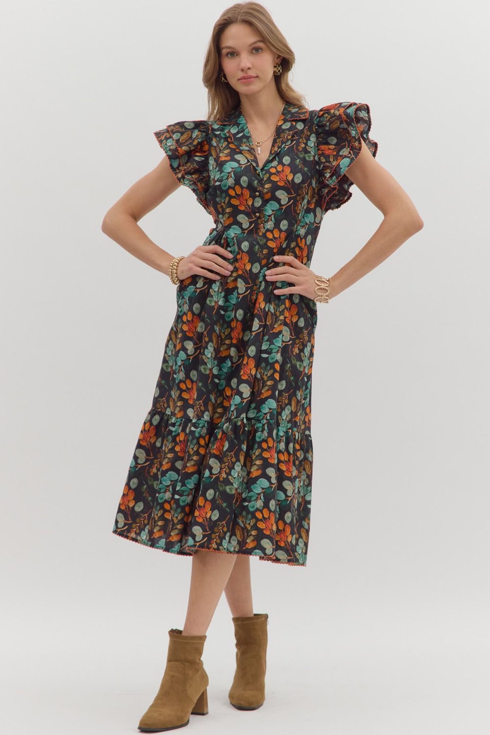 Entro Botanical Print Black Cotton Midi Dress with Flutter Sleeves & Pockets-Dresses-Entro-Deja Nu Boutique, Women's Fashion Boutique in Lampasas, Texas