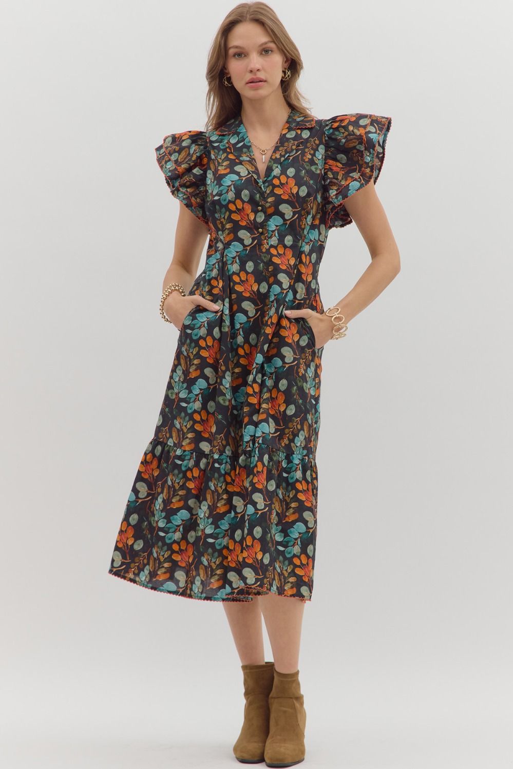 Entro Botanical Print Black Cotton Midi Dress with Flutter Sleeves & Pockets-Dresses-Entro-Deja Nu Boutique, Women's Fashion Boutique in Lampasas, Texas