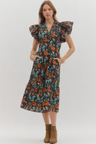 Entro Botanical Print Black Cotton Midi Dress with Flutter Sleeves & Pockets-Dresses-Entro-Deja Nu Boutique, Women's Fashion Boutique in Lampasas, Texas