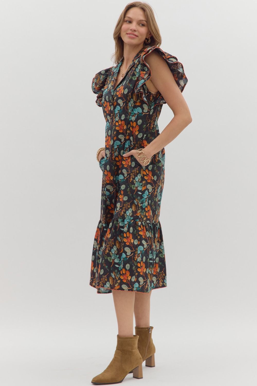 Entro Botanical Print Black Cotton Midi Dress with Flutter Sleeves & Pockets-Dresses-Entro-Deja Nu Boutique, Women's Fashion Boutique in Lampasas, Texas