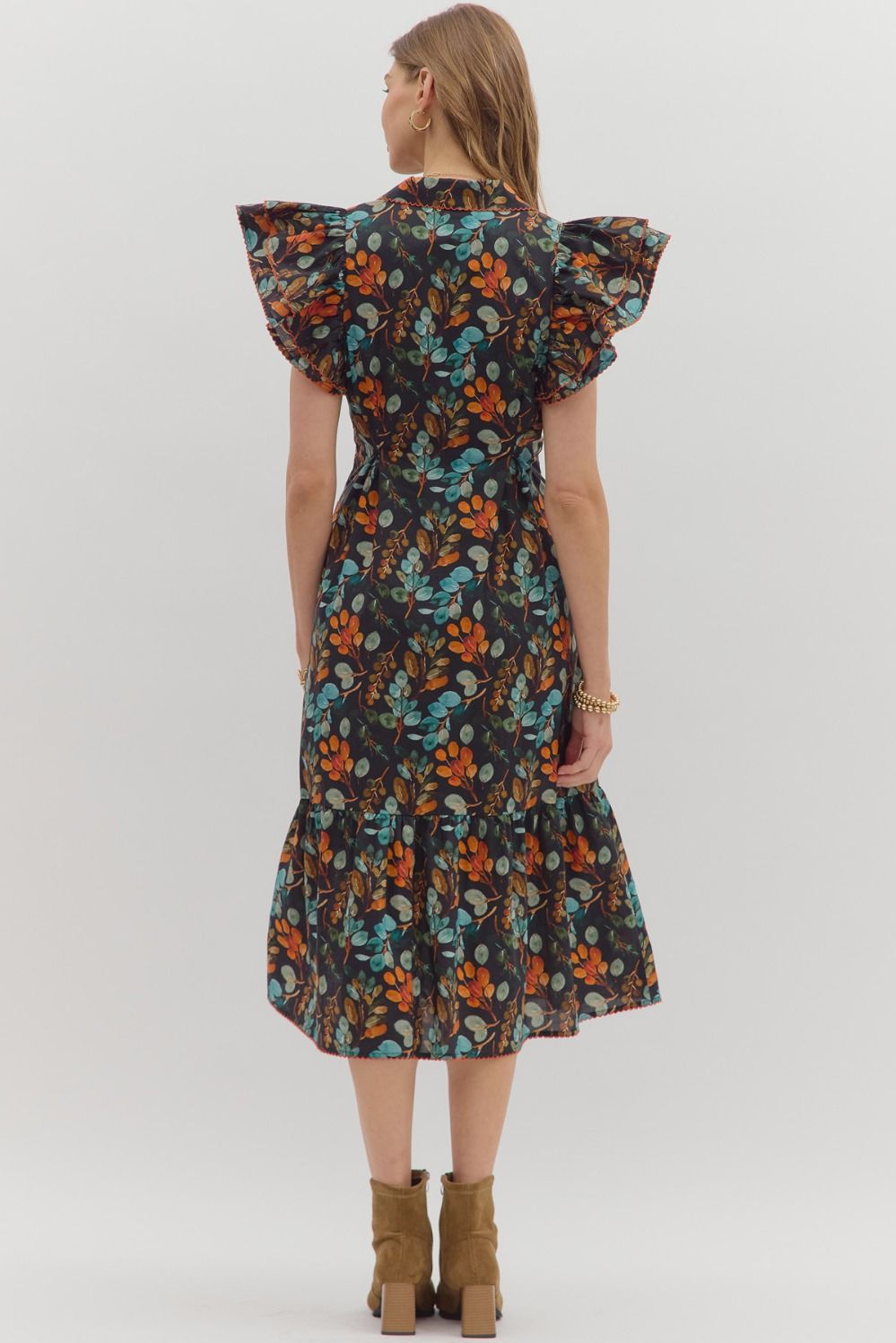 Entro Botanical Print Black Cotton Midi Dress with Flutter Sleeves & Pockets-Dresses-Entro-Deja Nu Boutique, Women's Fashion Boutique in Lampasas, Texas