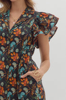 Entro Botanical Print Black Cotton Midi Dress with Flutter Sleeves & Pockets-Dresses-Entro-Deja Nu Boutique, Women's Fashion Boutique in Lampasas, Texas