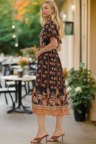 Entro Botanical Print Puff Sleeve Midi Dress In Black-Dresses-Entro-Deja Nu Boutique, Women's Fashion Boutique in Lampasas, Texas