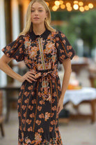 Entro Botanical Print Puff Sleeve Midi Dress In Black-Dresses-Entro-Deja Nu Boutique, Women's Fashion Boutique in Lampasas, Texas