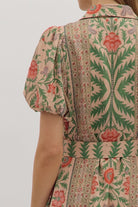 Entro Botanical Print Puff Sleeve Midi Dress in Natural Multi-Dresses-Entro-Deja Nu Boutique, Women's Fashion Boutique in Lampasas, Texas