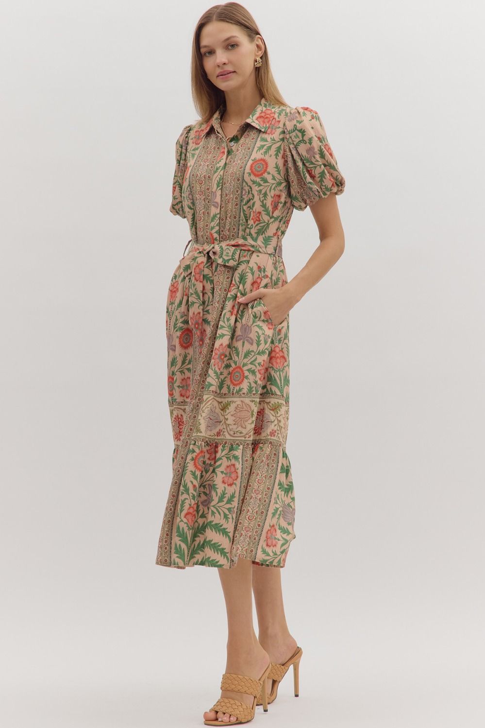 Entro Botanical Print Puff Sleeve Midi Dress in Natural Multi-Dresses-Entro-Deja Nu Boutique, Women's Fashion Boutique in Lampasas, Texas