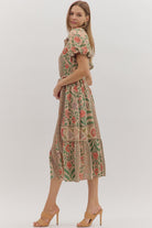Entro Botanical Print Puff Sleeve Midi Dress in Natural Multi-Dresses-Entro-Deja Nu Boutique, Women's Fashion Boutique in Lampasas, Texas