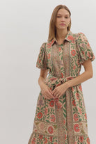 Entro Botanical Print Puff Sleeve Midi Dress in Natural Multi-Dresses-Entro-Deja Nu Boutique, Women's Fashion Boutique in Lampasas, Texas