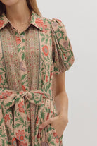 Entro Botanical Print Puff Sleeve Midi Dress in Natural Multi-Dresses-Entro-Deja Nu Boutique, Women's Fashion Boutique in Lampasas, Texas
