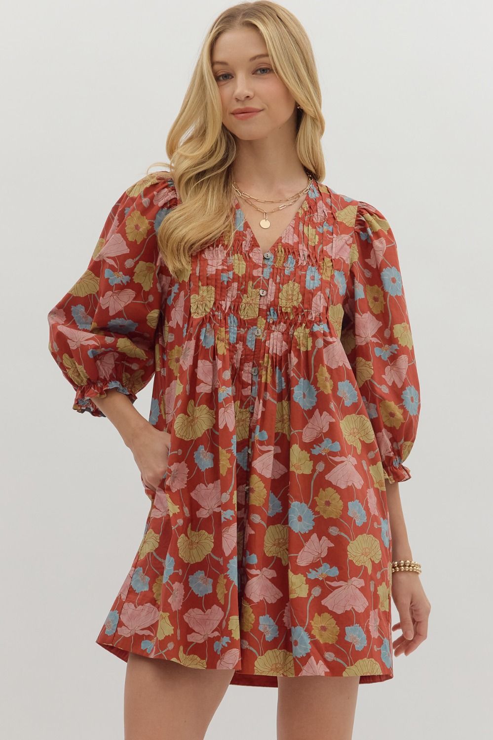 Entro Botanical Print Puff Sleeve Mini Dress in Rust-Dresses-Entro-Deja Nu Boutique, Women's Fashion Boutique in Lampasas, Texas