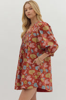 Entro Botanical Print Puff Sleeve Mini Dress in Rust-Dresses-Entro-Deja Nu Boutique, Women's Fashion Boutique in Lampasas, Texas