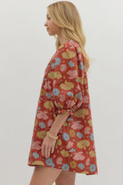 Entro Botanical Print Puff Sleeve Mini Dress in Rust-Dresses-Entro-Deja Nu Boutique, Women's Fashion Boutique in Lampasas, Texas