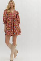 Entro Botanical Print Puff Sleeve Mini Dress in Rust-Dresses-Entro-Deja Nu Boutique, Women's Fashion Boutique in Lampasas, Texas