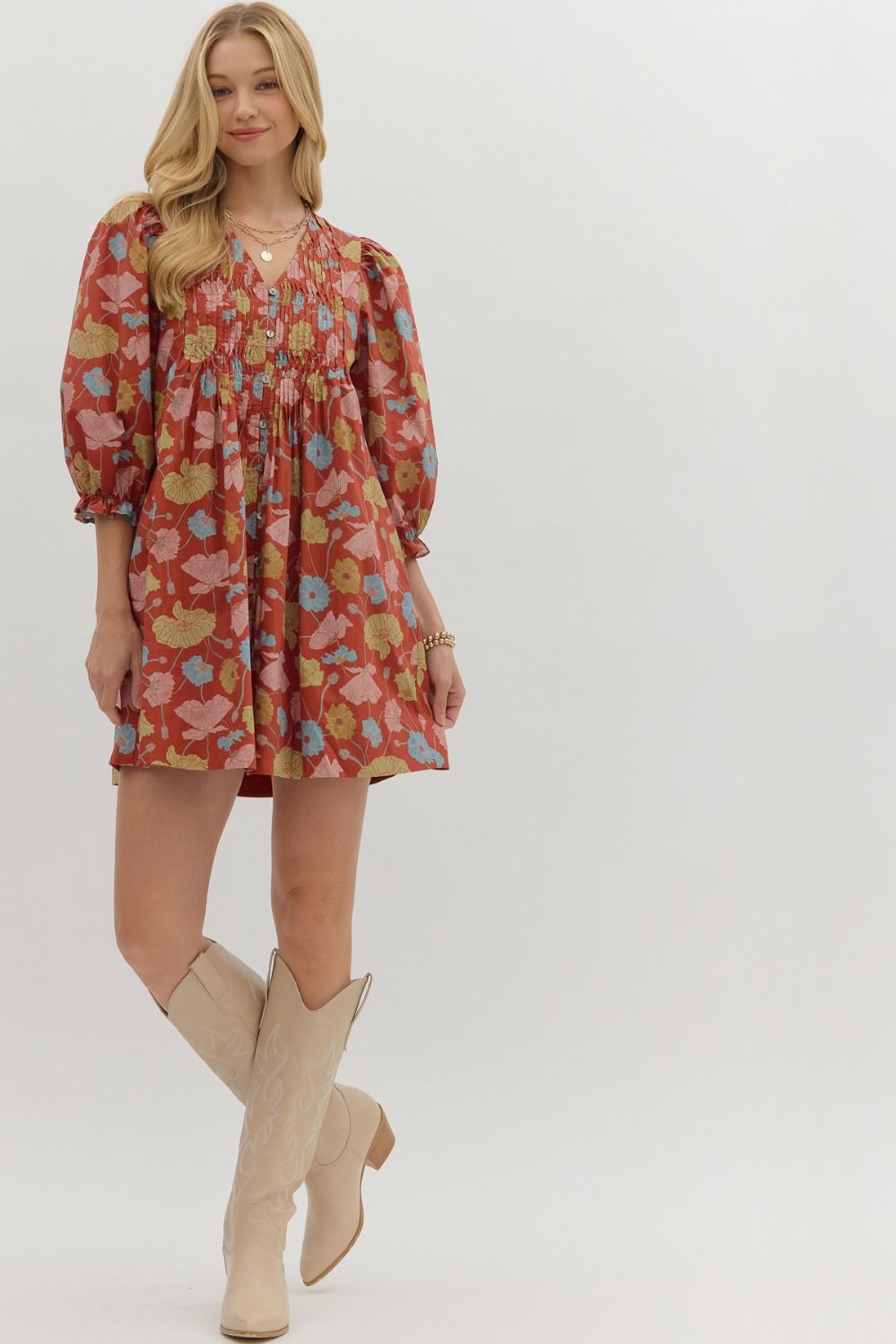 Entro Botanical Print Puff Sleeve Mini Dress in Rust-Dresses-Entro-Deja Nu Boutique, Women's Fashion Boutique in Lampasas, Texas