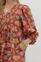 Entro Botanical Print Puff Sleeve Mini Dress in Rust-Dresses-Entro-Deja Nu Boutique, Women's Fashion Boutique in Lampasas, Texas