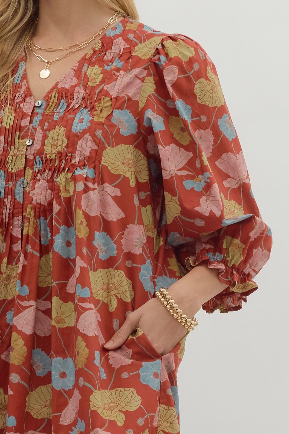 Entro Botanical Print Puff Sleeve Mini Dress in Rust-Dresses-Entro-Deja Nu Boutique, Women's Fashion Boutique in Lampasas, Texas