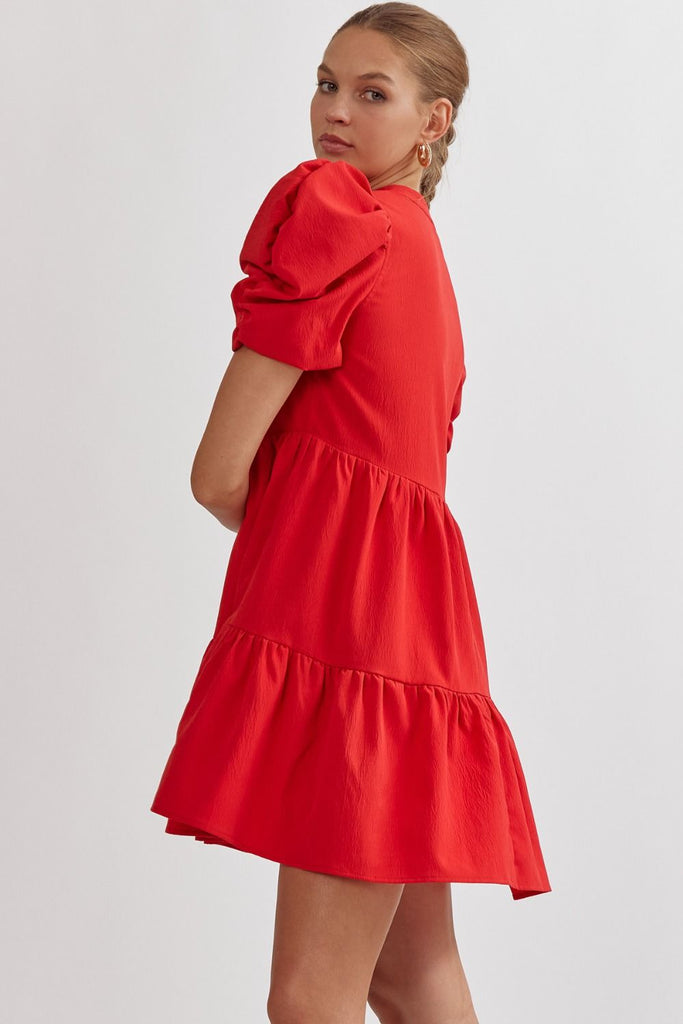 Entro Bright Red Puff Sleeve Tiered Short Dress-Short Dresses-Entro-Deja Nu Boutique, Women's Fashion Boutique in Lampasas, Texas