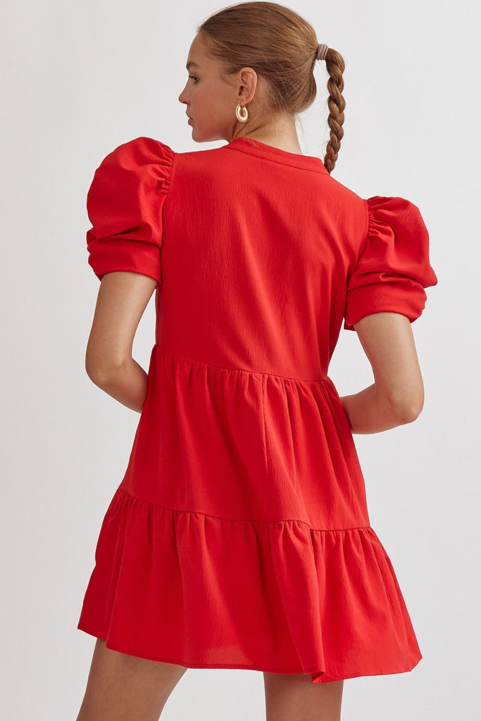 Entro Bright Red Puff Sleeve Tiered Short Dress-Short Dresses-Entro-Deja Nu Boutique, Women's Fashion Boutique in Lampasas, Texas
