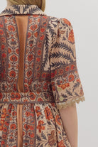 Entro Charcoal Botanical Puff Sleeve Mini Dress with Lace Trim & Pockets-Dresses-entro-Deja Nu Boutique, Women's Fashion Boutique in Lampasas, Texas