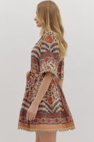 Entro Charcoal Botanical Puff Sleeve Mini Dress with Lace Trim & Pockets-Dresses-entro-Deja Nu Boutique, Women's Fashion Boutique in Lampasas, Texas