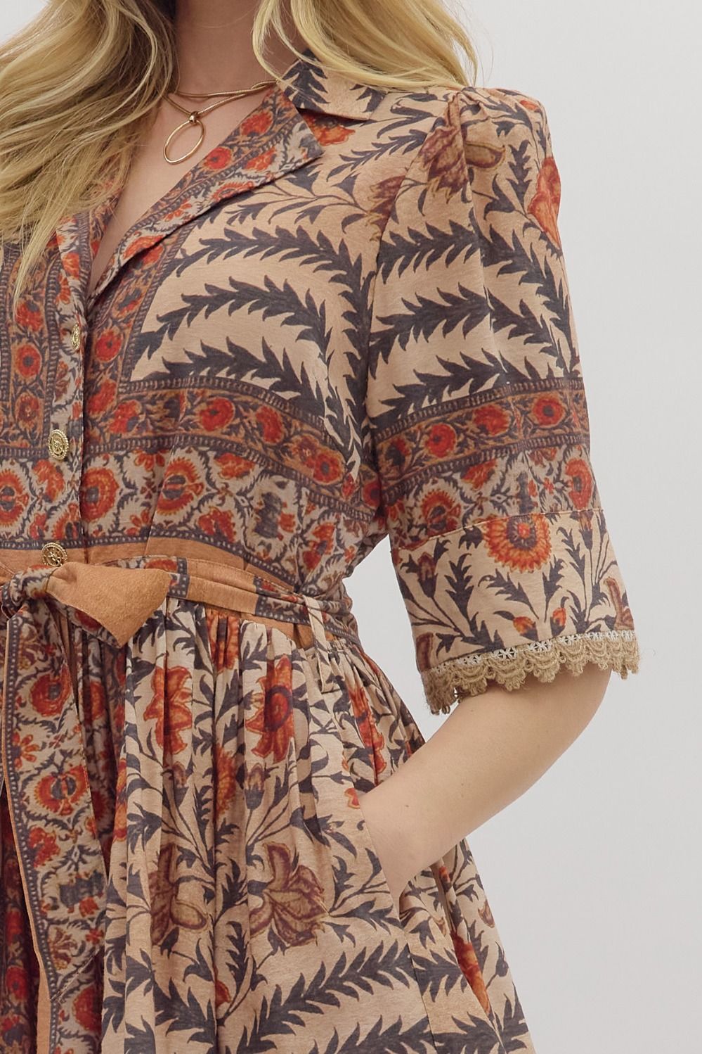 Entro Charcoal Botanical Puff Sleeve Mini Dress with Lace Trim & Pockets-Dresses-entro-Deja Nu Boutique, Women's Fashion Boutique in Lampasas, Texas