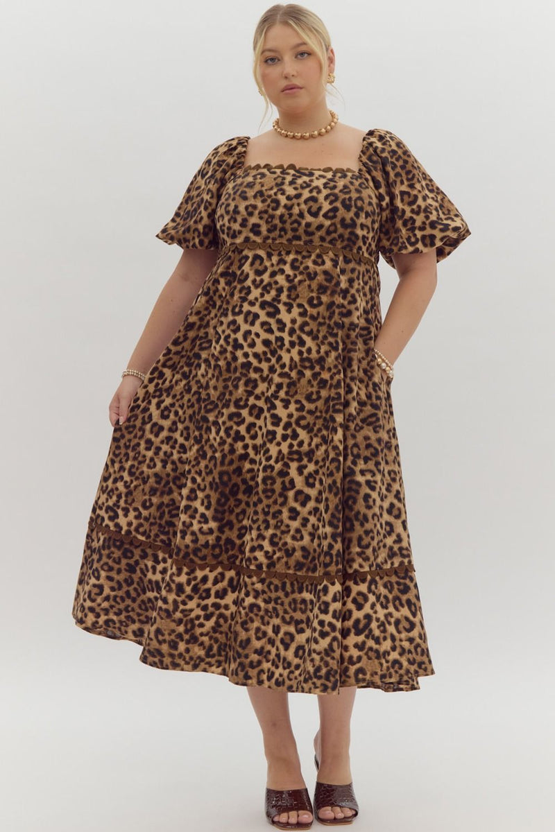 Entro Cheetah Print Square Neck Midi Dress With Ric-Rac Trim Plus ...