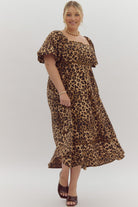 Entro Cheetah Print Square Neck Midi Dress With Ric-Rac Trim Plus-Curvy/Plus Dresses-Entro-Deja Nu Boutique, Women's Fashion Boutique in Lampasas, Texas