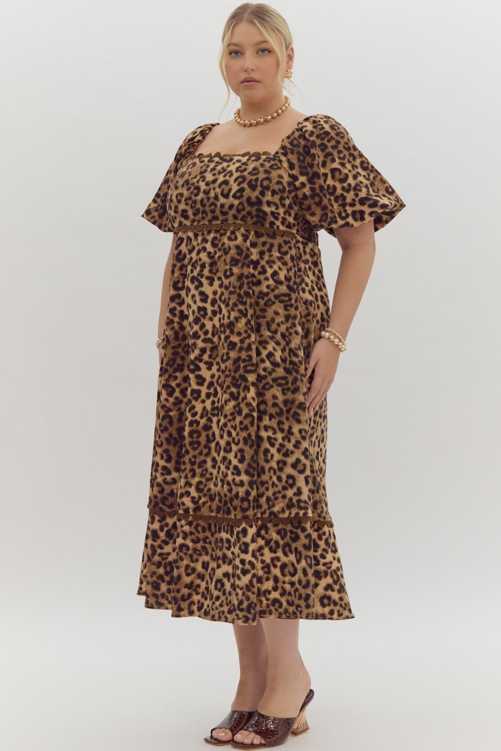 Entro Cheetah Print Square Neck Midi Dress With Ric-Rac Trim Plus-Curvy/Plus Dresses-Entro-Deja Nu Boutique, Women's Fashion Boutique in Lampasas, Texas