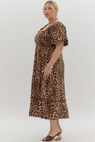 Entro Cheetah Print Square Neck Midi Dress With Ric-Rac Trim Plus-Curvy/Plus Dresses-Entro-Deja Nu Boutique, Women's Fashion Boutique in Lampasas, Texas