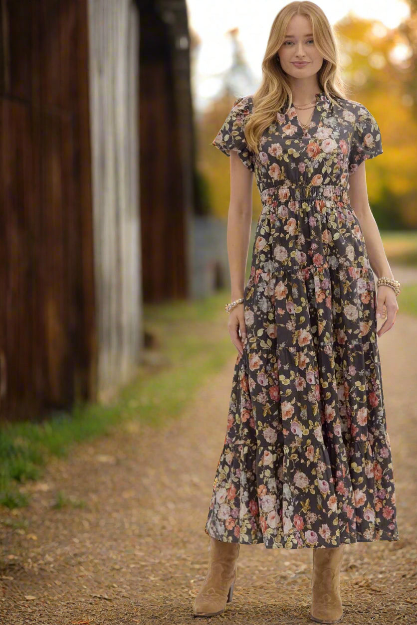 Entro Chocolate Floral Puff Sleeve Midi Dress – 100% Cotton Tiered Fall Midi-Midi Dresses-Entro-Deja Nu Boutique, Women's Fashion Boutique in Lampasas, Texas