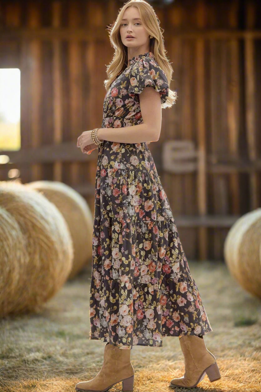 Entro Chocolate Floral Puff Sleeve Midi Dress – 100% Cotton Tiered Fall Midi-Midi Dresses-Entro-Deja Nu Boutique, Women's Fashion Boutique in Lampasas, Texas