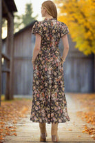 Entro Chocolate Floral Puff Sleeve Midi Dress – 100% Cotton Tiered Fall Midi-Midi Dresses-Entro-Deja Nu Boutique, Women's Fashion Boutique in Lampasas, Texas