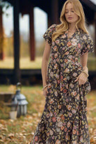 Entro Chocolate Floral Puff Sleeve Midi Dress – 100% Cotton Tiered Fall Midi-Midi Dresses-Entro-Deja Nu Boutique, Women's Fashion Boutique in Lampasas, Texas