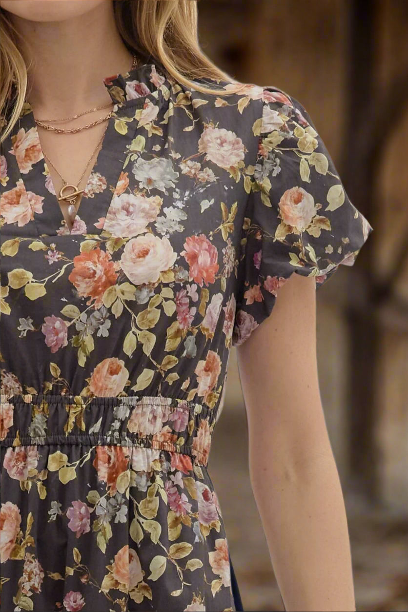 Entro Chocolate Floral Puff Sleeve Midi Dress – 100% Cotton Tiered Fall Midi-Midi Dresses-Entro-Deja Nu Boutique, Women's Fashion Boutique in Lampasas, Texas