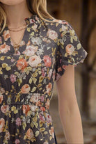 Entro Chocolate Floral Puff Sleeve Midi Dress – 100% Cotton Tiered Fall Midi-Midi Dresses-Entro-Deja Nu Boutique, Women's Fashion Boutique in Lampasas, Texas