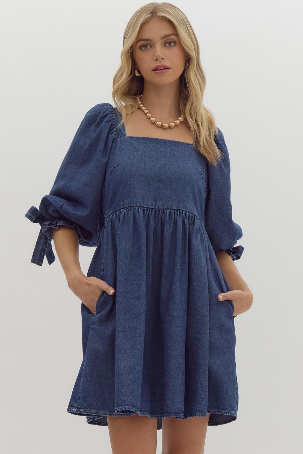 Entro Denim Half Sleeve Square Neck Mini Dress-Dresses-Entro-Deja Nu Boutique, Women's Fashion Boutique in Lampasas, Texas