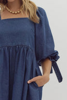 Entro Denim Half Sleeve Square Neck Mini Dress-Dresses-Entro-Deja Nu Boutique, Women's Fashion Boutique in Lampasas, Texas