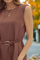 Entro Espresso Belted Midi Dress with Gold Accent Fastener-Midi Dresses-Entro-Deja Nu Boutique, Women's Fashion Boutique in Lampasas, Texas