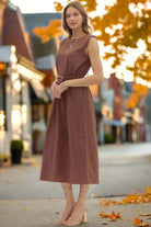 Entro Espresso Belted Midi Dress with Gold Accent Fastener-Midi Dresses-Entro-Deja Nu Boutique, Women's Fashion Boutique in Lampasas, Texas