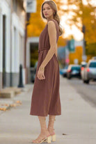 Entro Espresso Belted Midi Dress with Gold Accent Fastener-Midi Dresses-Entro-Deja Nu Boutique, Women's Fashion Boutique in Lampasas, Texas
