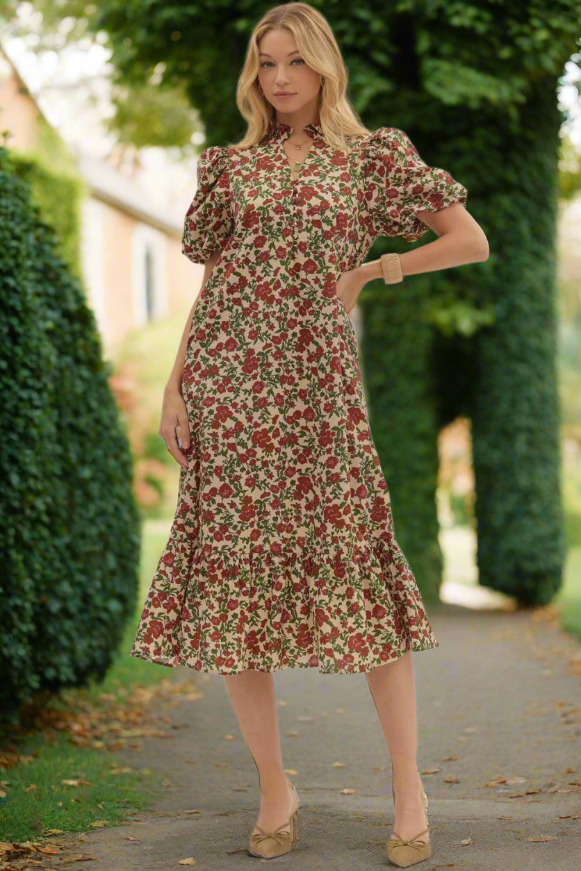 Entro Fall Garden Ecru Floral Puff Sleeve Cotton Midi Dress-Midi Dresses-Entro-Deja Nu Boutique, Women's Fashion Boutique in Lampasas, Texas