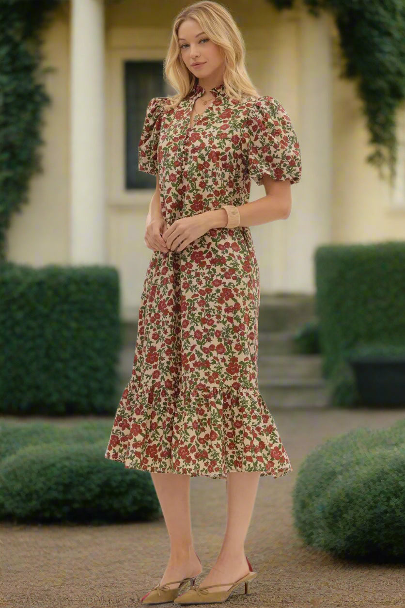 Entro Fall Garden Ecru Floral Puff Sleeve Cotton Midi Dress-Midi Dresses-Entro-Deja Nu Boutique, Women's Fashion Boutique in Lampasas, Texas