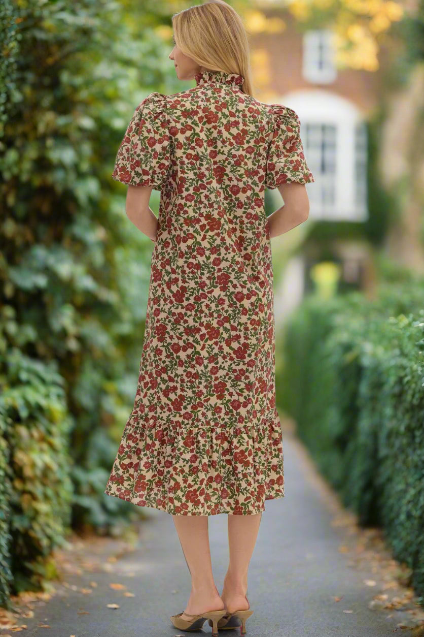 Entro Fall Garden Ecru Floral Puff Sleeve Cotton Midi Dress-Midi Dresses-Entro-Deja Nu Boutique, Women's Fashion Boutique in Lampasas, Texas