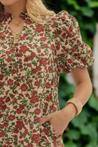 Entro Fall Garden Ecru Floral Puff Sleeve Cotton Midi Dress-Midi Dresses-Entro-Deja Nu Boutique, Women's Fashion Boutique in Lampasas, Texas