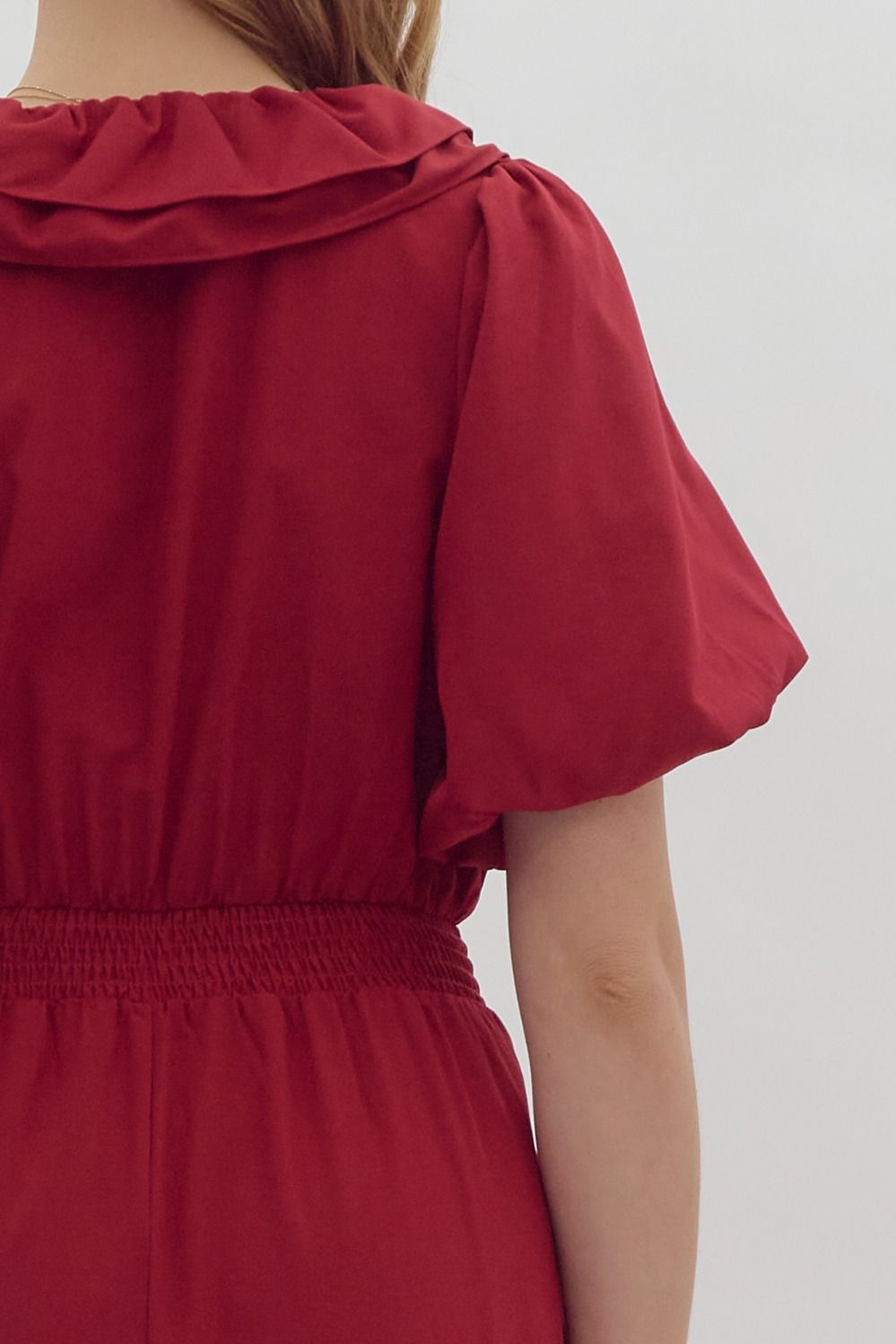 Entro Faux Wrap Short Puff Sleeve Ruffle Detail Midi Dress In Scarlet-Midi Dresses-Entro-Deja Nu Boutique, Women's Fashion Boutique in Lampasas, Texas